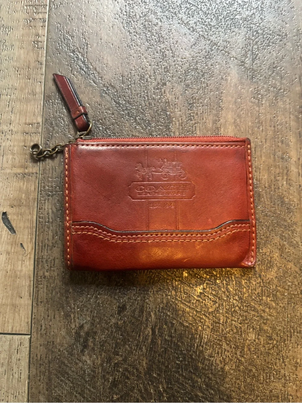 Coach Red Brown Leather Zip Card Case Wallet
